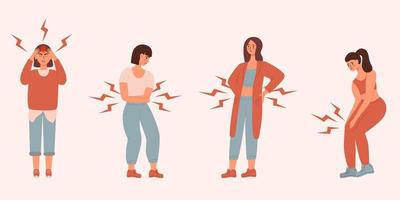 set-of-unhappy-womens-suffering-pain-or-ache-in-different-body-parts-knee-head-back-stomack-illustration-in-flat-style-healthcare-sickness-disease-concept-isolated-on-a-white-vector