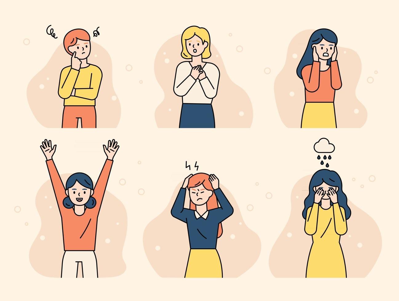 the-girls-are-expressing-various-emotions-flat-design-style-minimal-illustration-vector